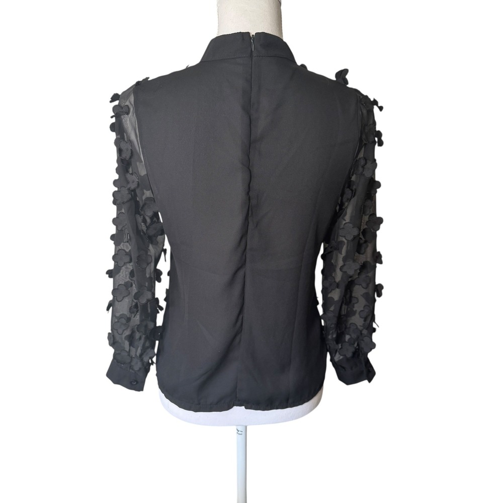I Love Wen Le Black Sheer Mock Neck Blouse 3D Floral Applique Long Sleeve Size S - Picture 7 of 11
